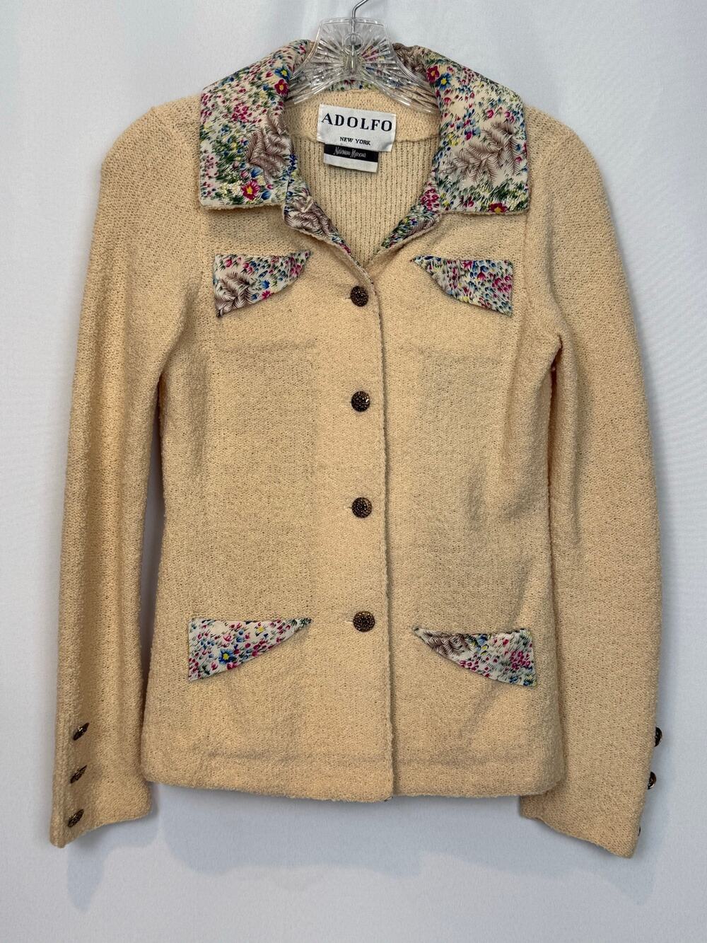 Vintage Adolfo New York Neiman Marcus Boucle Jacket Floral Trim Sz S